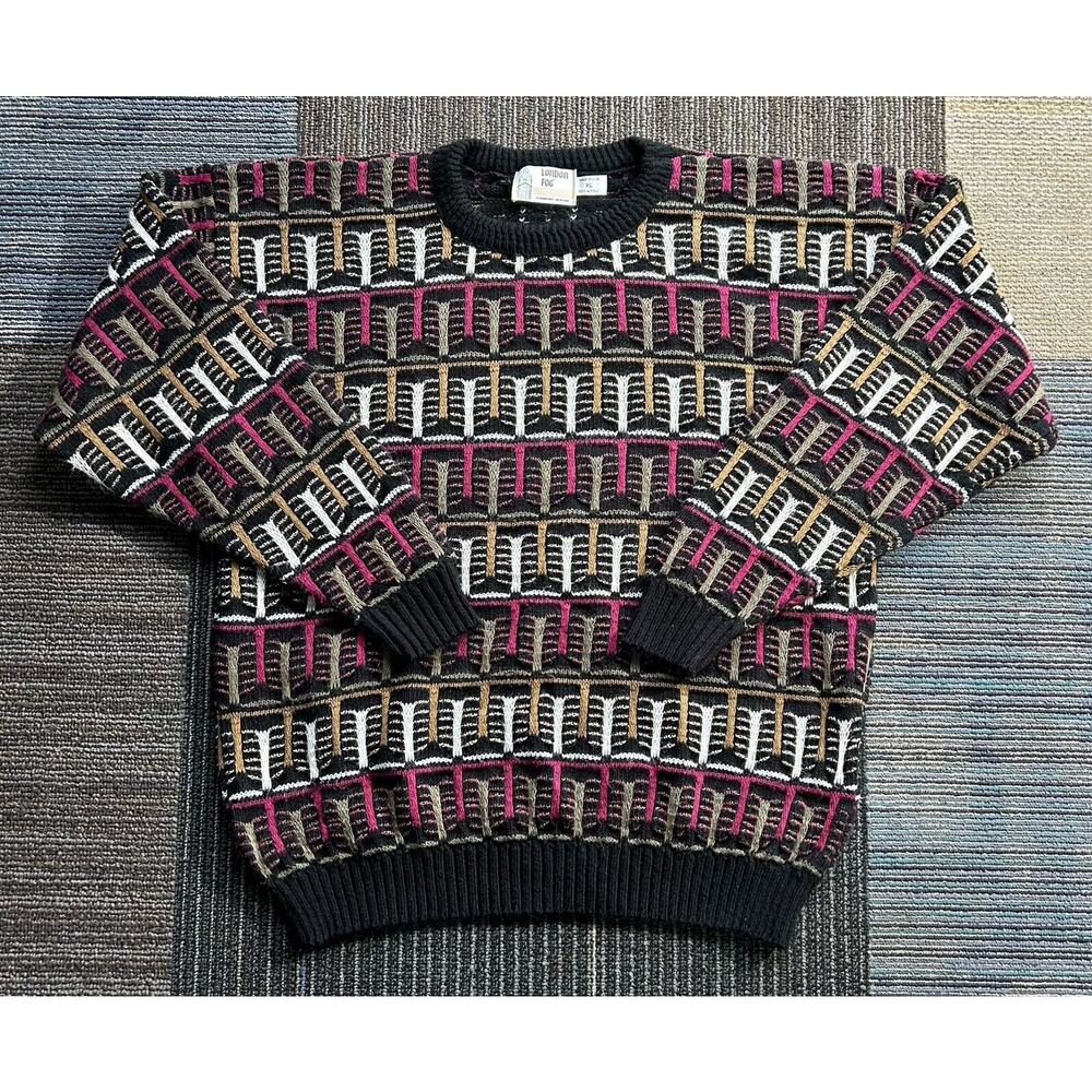 Vintage Coogi Style Mens London Fog XL Sweater 3D Textured Multicolor Cotton USA
